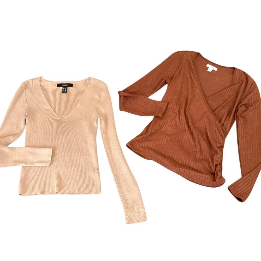 2 V-Neck Long Sleeve Ribbed Knit Tops Sz S:  F21 Tan‎ & Nine West Rust #253N